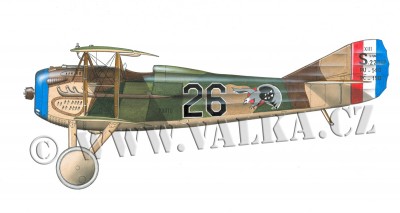 SPAD S.XIII C.1 - Spad XIII (sériové číslo bývá uváděno jako 15 202) na němž létal v září 1918 u 27. Aero Squadron nejúspěšnější americký balloon buster Lt. Frank Luke Jr. a 27. 9. 1918 se s tímto strojem nevrátil z bojového letu... Letoun byl vyroben u firmy Blériot a nese jedno ze dvou jejích kamuflážních schémat. Spodní plochy jsou krémové, horní nesou kombinaci dvou odstínů zelené barvy, dále černé, okrové a hnědé. Orel v rudém kruhu na trupu byl znakem jednotky, označení letounu černá bíle lemovaná číslice 26 se s největší pravděpodobností opakovala též na horní nosné ploše shora a na spodní nosné ploše zespodu. Podle fotografie by číslice na trupu měla být posunuta blíže k výfuku.