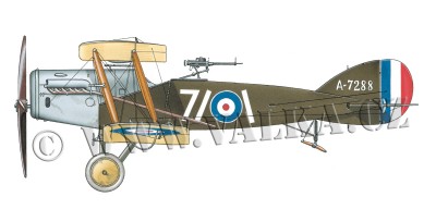 Bristol F.2B Fighter - Bristol F.2B Fighter, sériové číslo A 7288. Stroj v listopadu 1917 sloužil u 11. perutě RFC. Osádka A. E. McKeever a L. A. Powell tehdy startovala z letiště Fére-en-Tardenois. Letoun nesl standardní britskou kamufláž, horní a boční plochy kryje khaki barva PC-10, plechové kryty motoru jsou natřeny barvou Battleship Grey, spodní plochy zůstaly v barvě lakovaného plátna. Dva šikmé bílé pásy kolem výsostného označení na trupu jsou označením perutě, bílá číslovka 7 je označením letounu. V této souvislosti je třeba říci, že bokorys se obvykle kreslí s bílou sedmičkou v zadní části trupu, kde se nacházela označení všech strojů 11. perutě. 